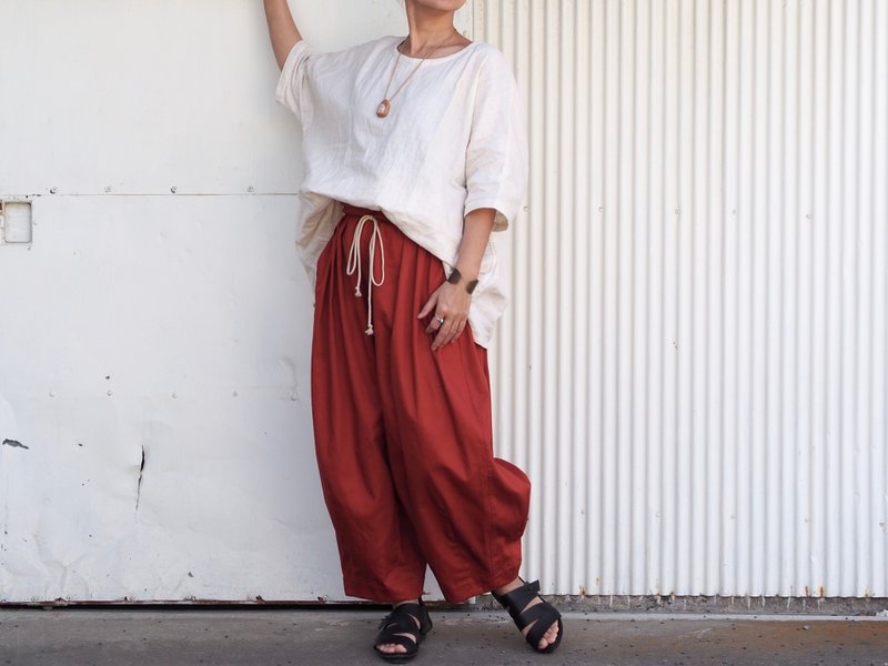 芥末黄 腰间蝴蝶结绑带 茧形 气球裤 - 女装长裤 - 棉．麻 红色