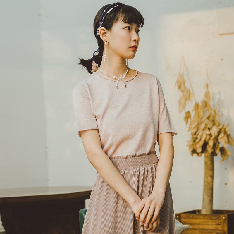 安妮陈2018夏装新款文艺女装纯色卷边短袖T恤 - 女装 T 恤 - 其他人造纤维 粉红色