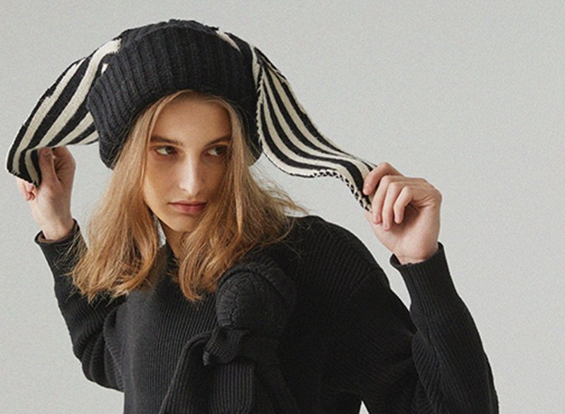 【兔子先生】限量美式/兔耳条纹/针织毛线帽 - 帽子 - 其他材质 黑色