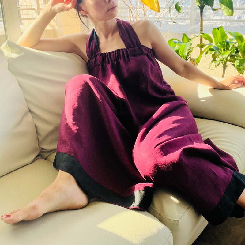 秋季亚麻 酒红与黑色拼接 宽管连身裤 - 背带裤/连体裤 - 棉．麻 紫色
