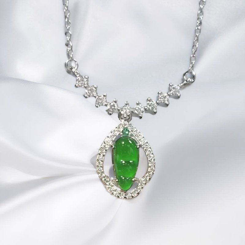 【福寿】冰种老坑绿翡翠福豆锁骨链 925银 | 天然A货翡翠 | 送礼 - 锁骨链 - 玉石 绿色