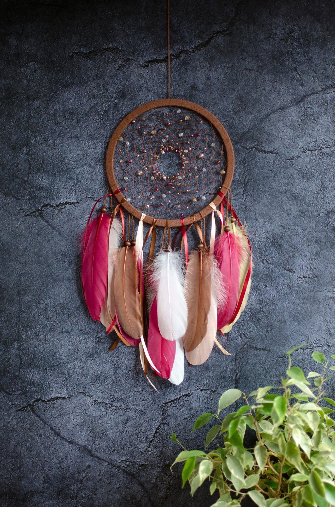 OOAK brown red beaded dream catcher with sparkling glass beads - 墙贴/壁贴 - 玻璃 红色