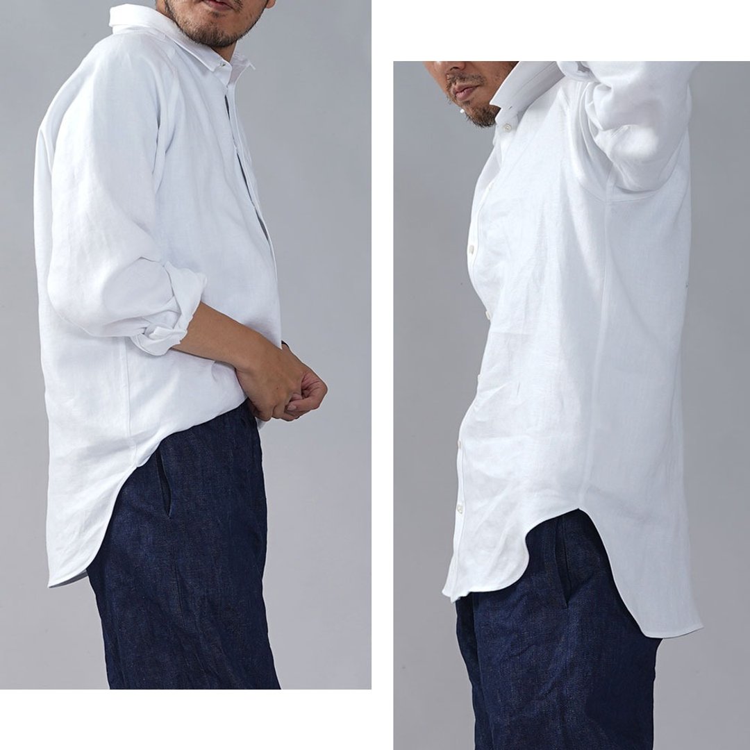wafu Prime Linen - 亞麻襯衣 Large size Long Sleeve Shirt / White t035i-wht2-l - 男装衬衫 - 亚麻 白色