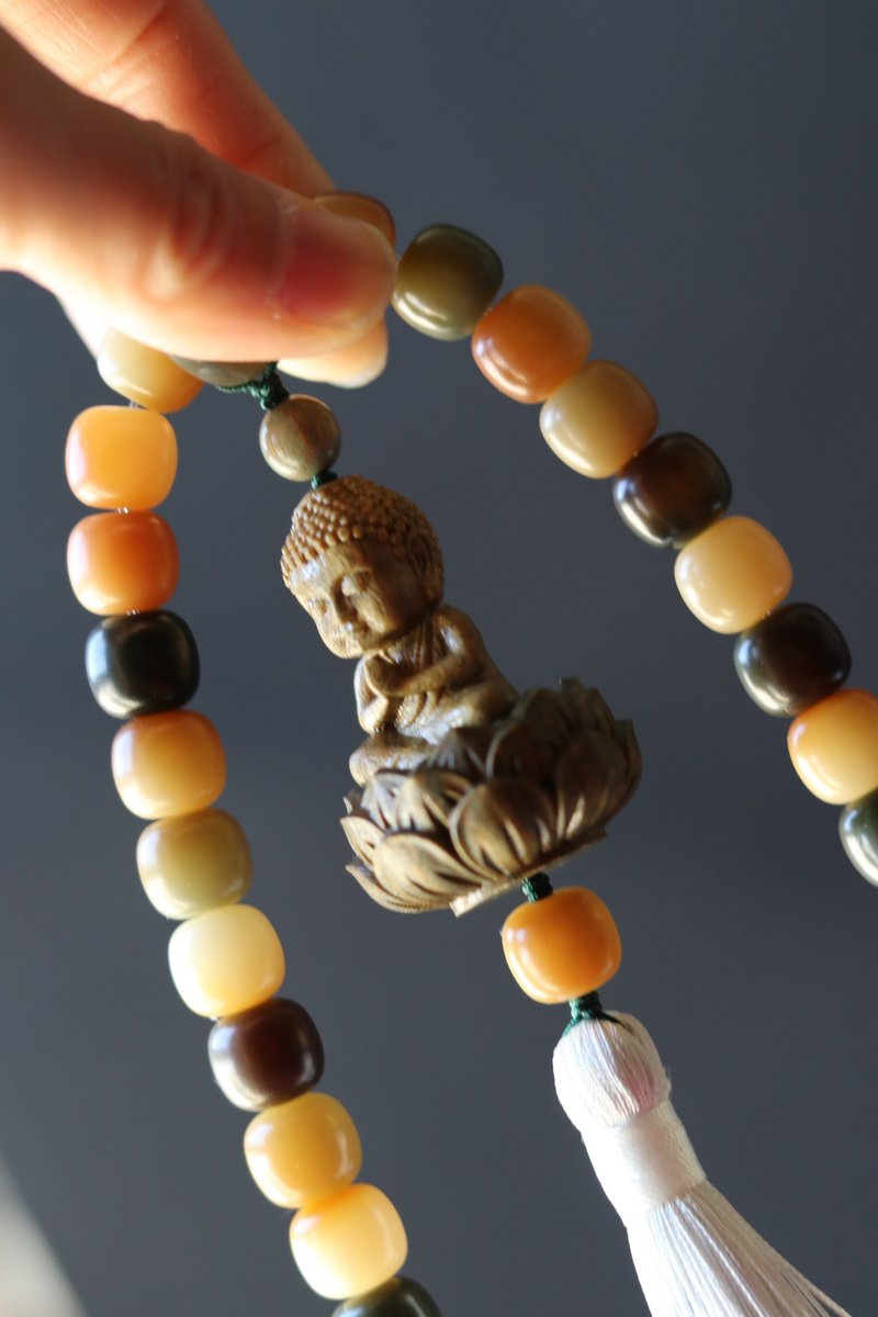 天然原生菩提根 绿檀木小佛 设计多圈手串手持s - 手链/手环 - 植物．花 黑色