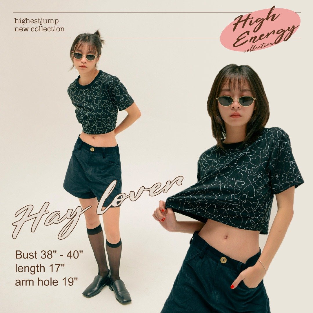 Hey lover tank top / crop tshirt / shorts - 女装 T 恤 - 棉 黑色