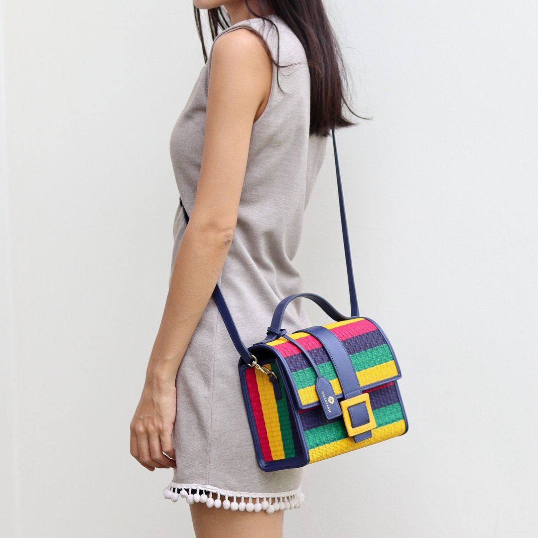 Summer Straw Crossbody Bag in Blue Green Yellow / Chaksarn - 手提包/手提袋 - 真皮 蓝色