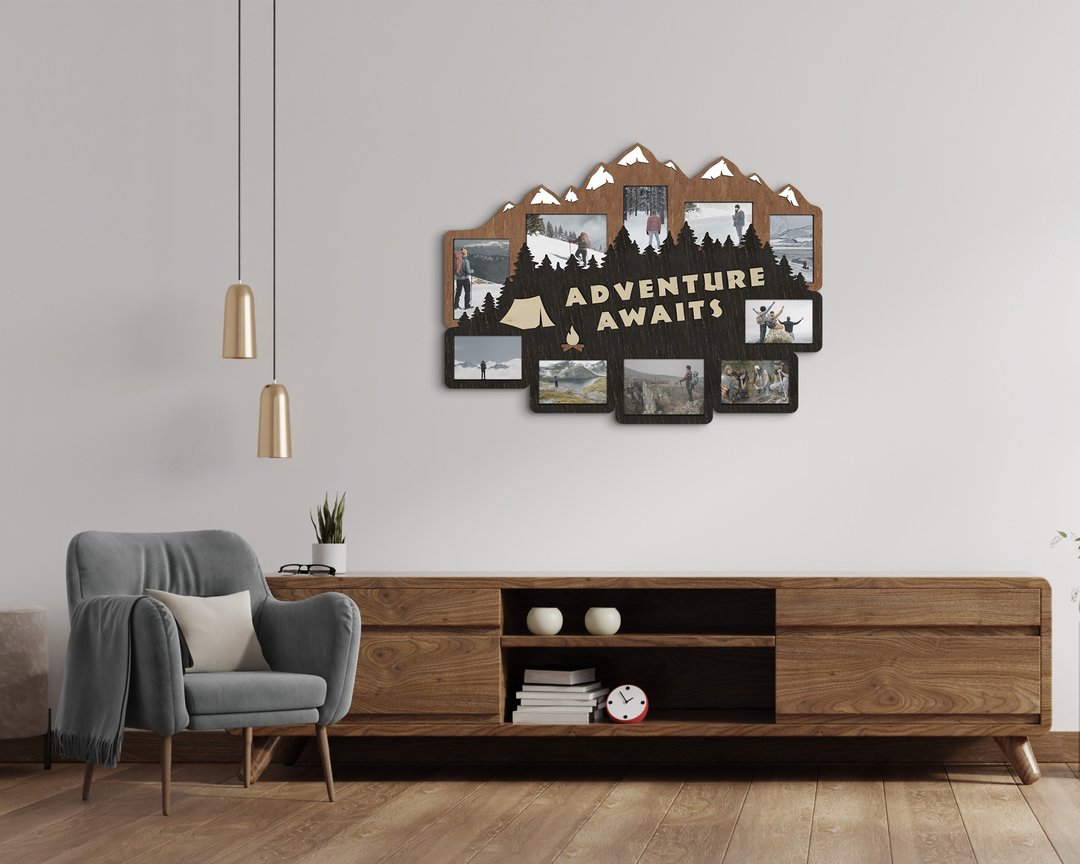 Adventure awaits wooden photo gallery Mountain wall decor Travel picture frame - 墙贴/壁贴 - 木头 多色