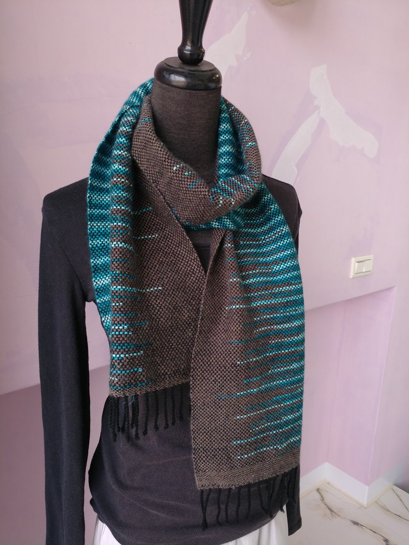 Handwoven by Carina | Clasped Weft Scarf - 围巾/披肩 - 羊毛 蓝色