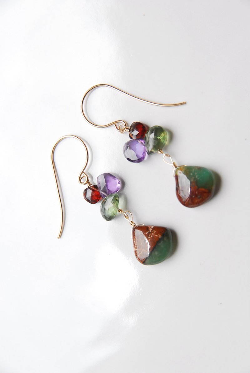 三色宝石与澳洲玉 14KGF 耳环 - 耳环/耳夹 - 半宝石 多色