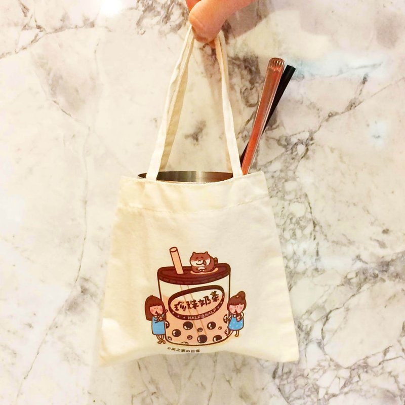 珍奶の日常 帆布咖啡杯袋(中杯咖啡) 手工印制 Canvas bag - 随行杯提袋/水壶袋 - 棉．麻 黄色