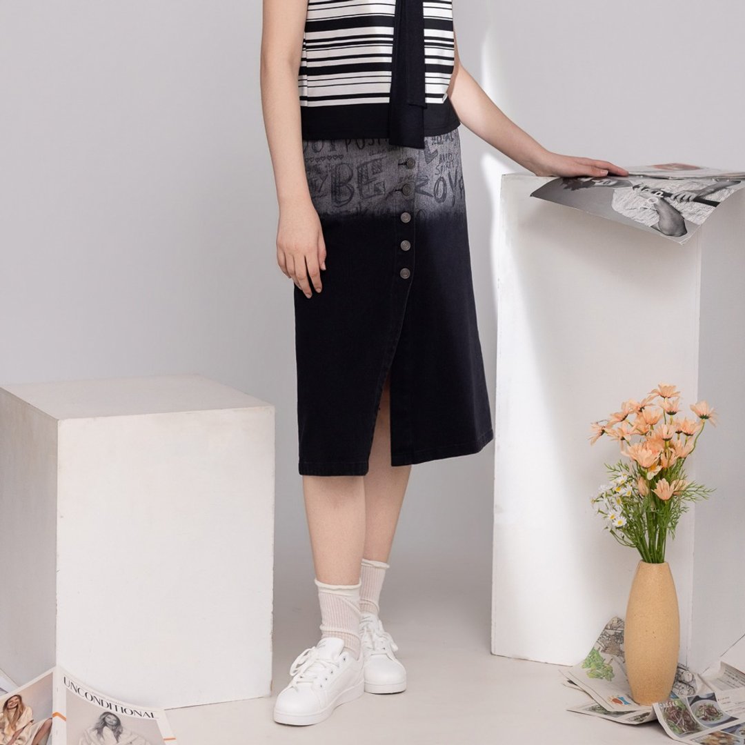 【MEDUSA】涂鸦晕染牛仔长裙 (M-XL) | 牛仔裙 晕染长裙 休闲裙 - 裙子 - 棉 黑色