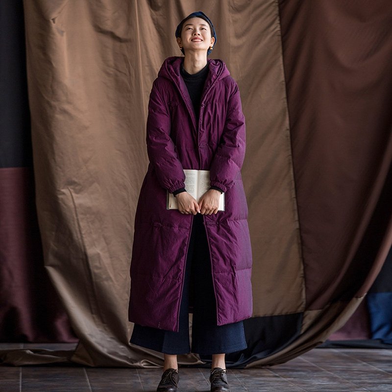 复古中国风加厚白鹅绒中长款连帽盘扣羽绒服 - 女装休闲/机能外套 - 棉．麻 