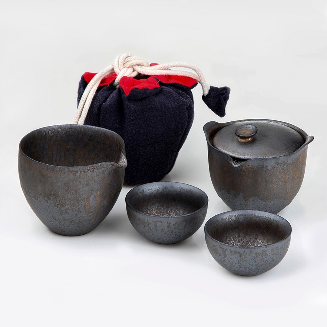 黑铁釉4件旅行组(壶+海+2杯) - 茶具/茶杯 - 陶 黑色