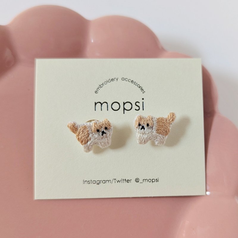 侧脸猫咪 (茶色虎斑) 刺绣耳针 / 耳夹 - 耳环/耳夹 - 绣线 咖啡色