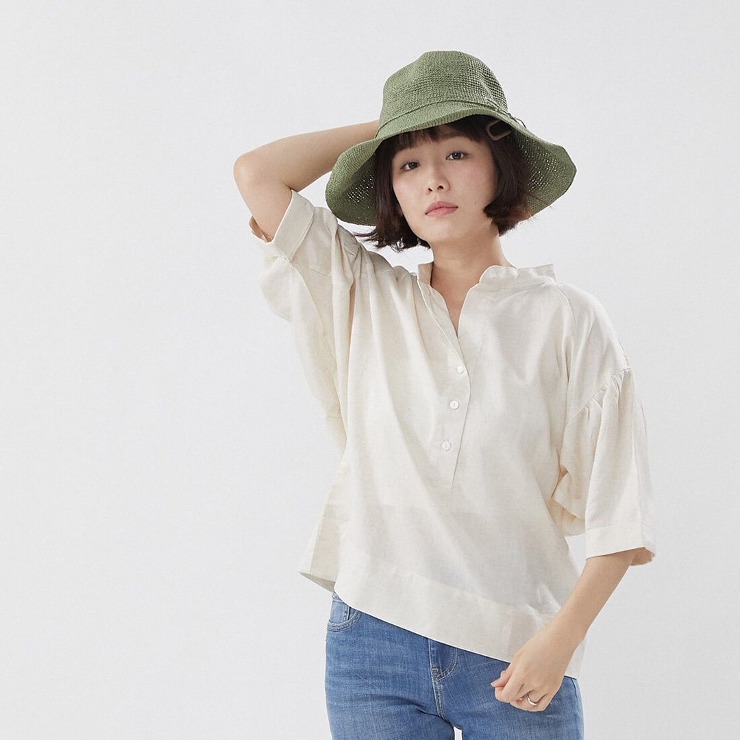 Helen半开襟宽袖和风棉麻上衣/亚麻 - 女装上衣 - 棉 卡其色