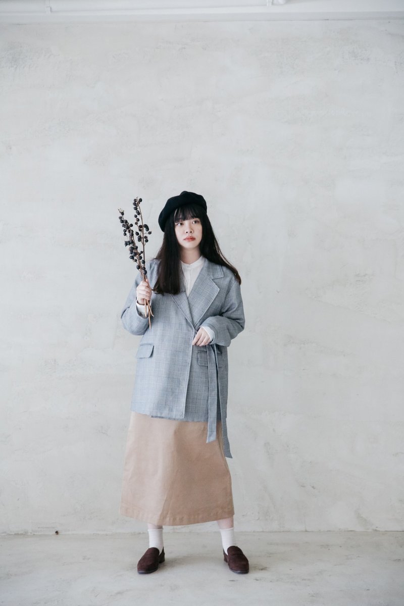 复古千鸟格绑带西装外套 - 女装西装外套/风衣 - 棉．麻 灰色