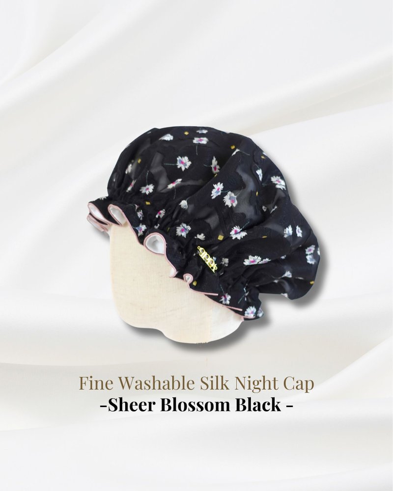 日本制可水洗蚕丝睡帽 Sheer Blossom Black 缕缕绽放 黑 丝带滚边 印花 - 脸部按摩/清洁工具 - 丝．绢 粉红色
