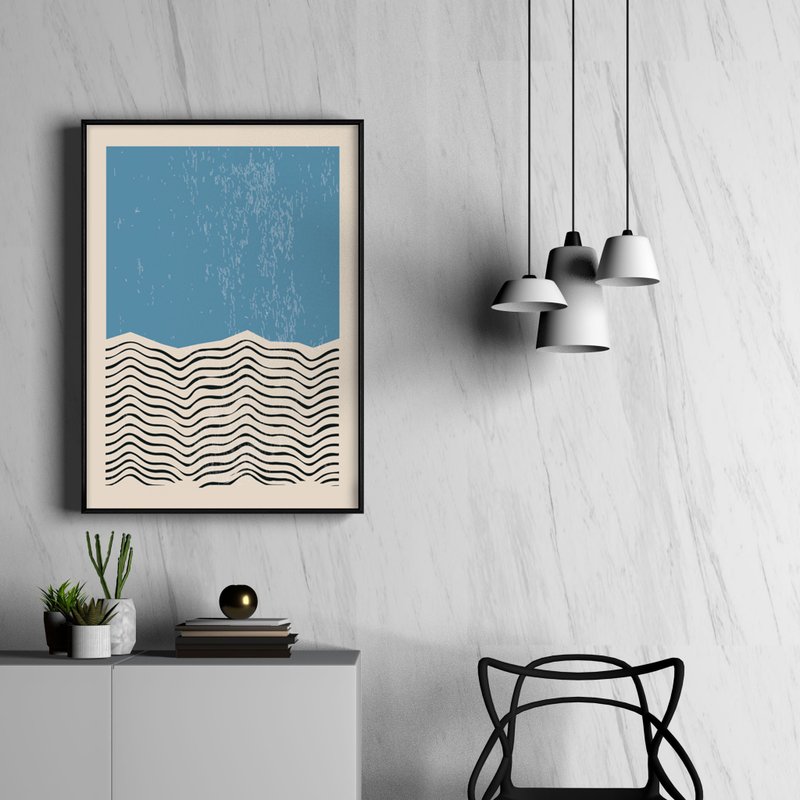 点线 • 蓝色块 - 蓝色波浪条纹几何画/咖啡厅装饰画/办公室布置 - 海报/装饰画/版画 - 棉 多色