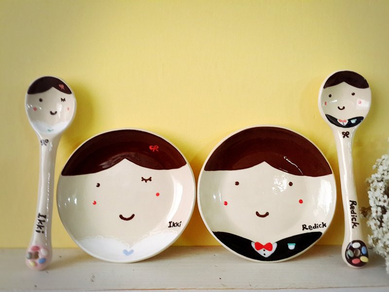 婚礼对盘与汤匙组 (加名字款) - 花瓶/陶器 - 其他材质 粉红色