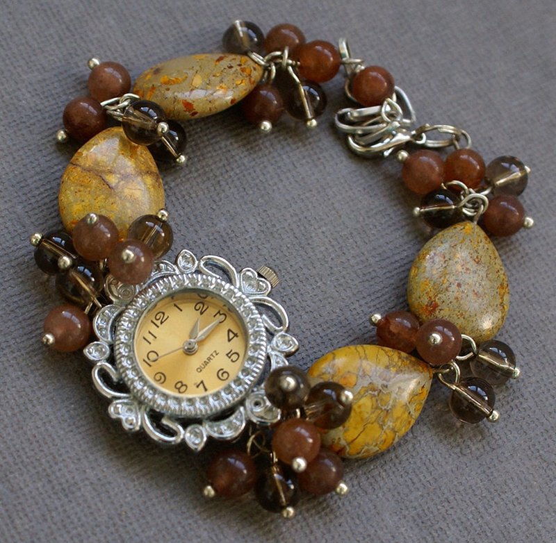 Brown gemstone ladies watch, hanmade beaded watch with carnelian and variscite - 女表 - 宝石 咖啡色