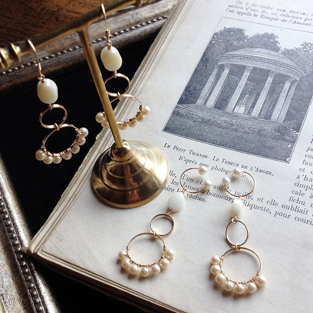 【Shipping Free】 ★ Discharge ★ 14 kgf white coral × vintage pearl × metal ring earrings OR ear clip * [14kgf white coral × vintage pearl × metal ring earrings OR ear clip sz - 09] - 耳环/耳夹 - 宝石 金色