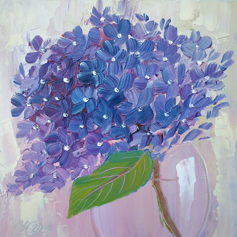 Hydrangea Painting Flower Original Art Still Life Wall Art Small Oil Painting - 海报/装饰画/版画 - 其他材质 多色