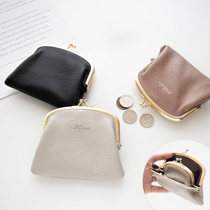 亲子口金小包 【顶级真皮 Nuance 刻名】 小包 皮夹 零钱包 卡片夹 小物收纳包 迷你包 口金 HR40U - 化妆包/杂物包 - 真皮 黑色