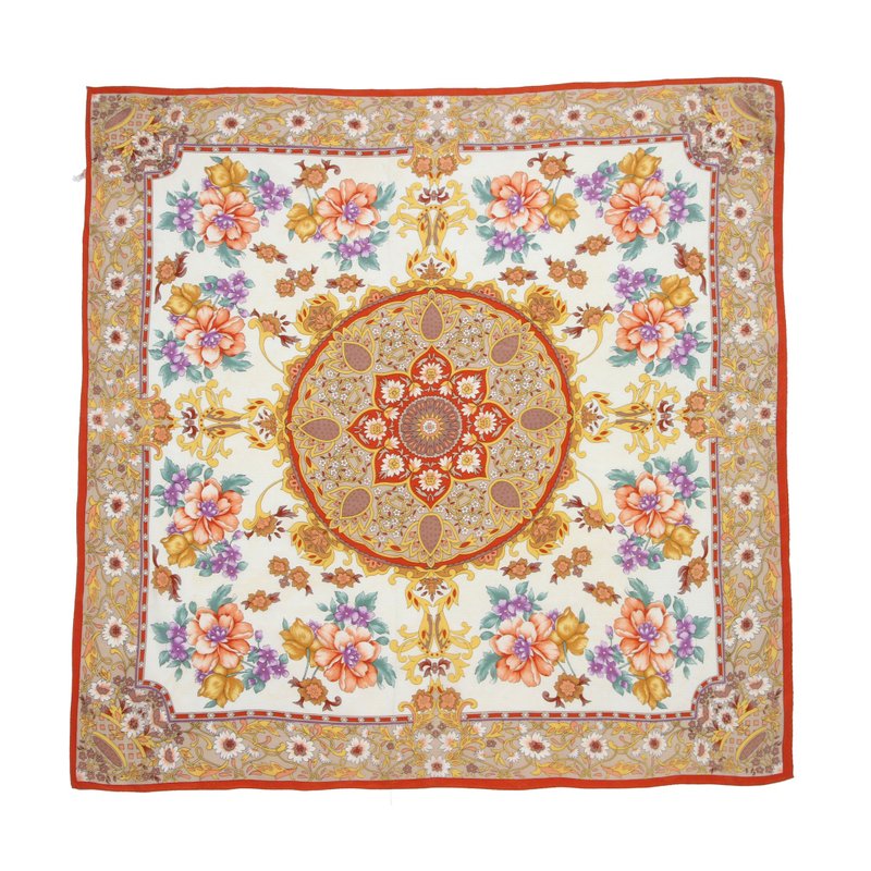 【蛋植物古着】茱萸曼陀罗印花古着丝巾 - 丝巾 - 丝．绢 橘色