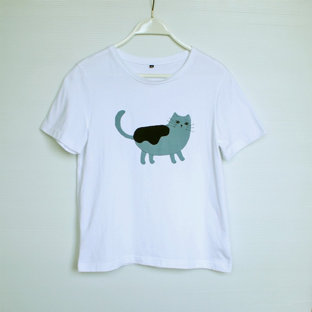 拼布猫咪微宽松短版短袖T-shirtNo.2 - 女装 T 恤 - 棉 白色