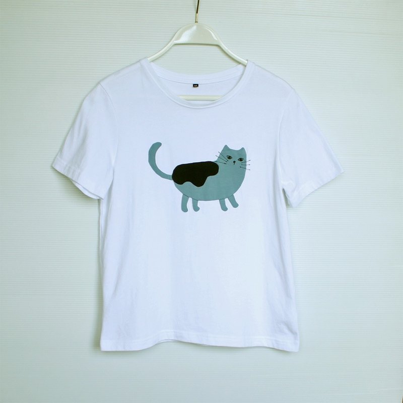 拼布猫咪微宽松短版短袖T-shirtNo.2 - 女装 T 恤 - 棉．麻 白色