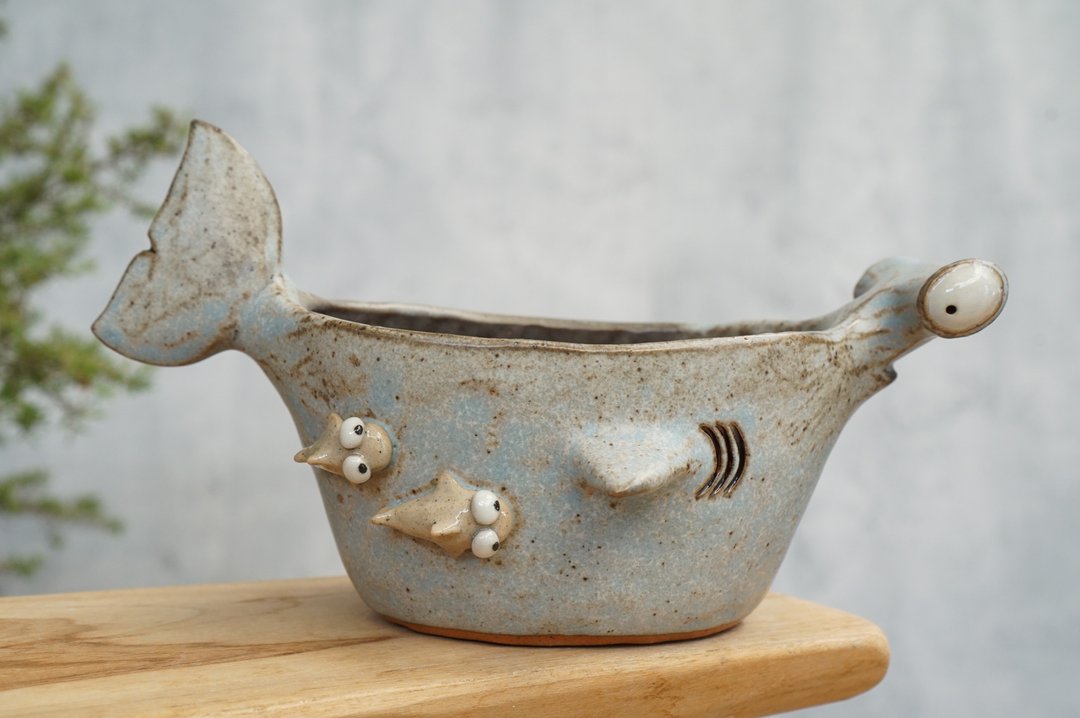 Hammerhead shark plant Pot,animal planter with succulent,succulent pots handmade - 植栽/盆栽 - 陶 蓝色