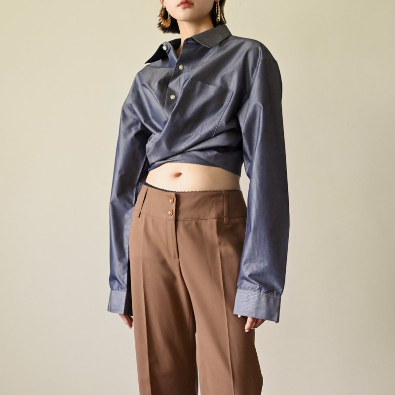 【NaSuBi Vintage】Upcycling短版绑带古着衬衫 - 女装衬衫 - 其他人造纤维 
