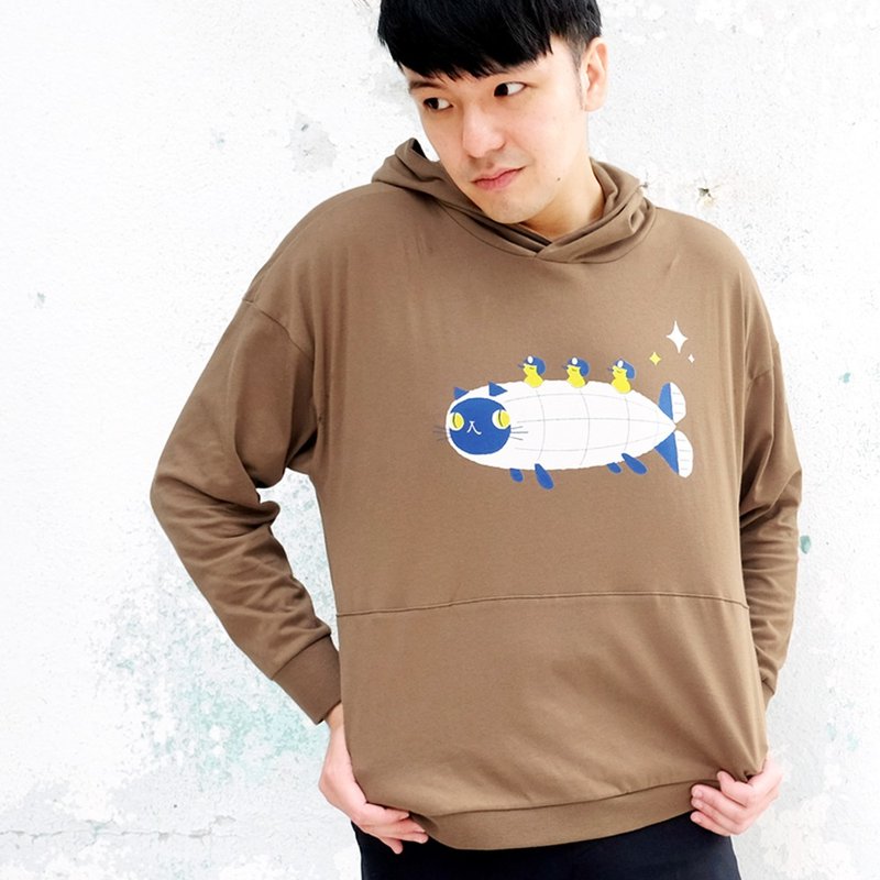 Luna飞船 - 中性长袖帽T 男女生同衣版 - 男装上衣/T 恤 - 棉．麻 咖啡色