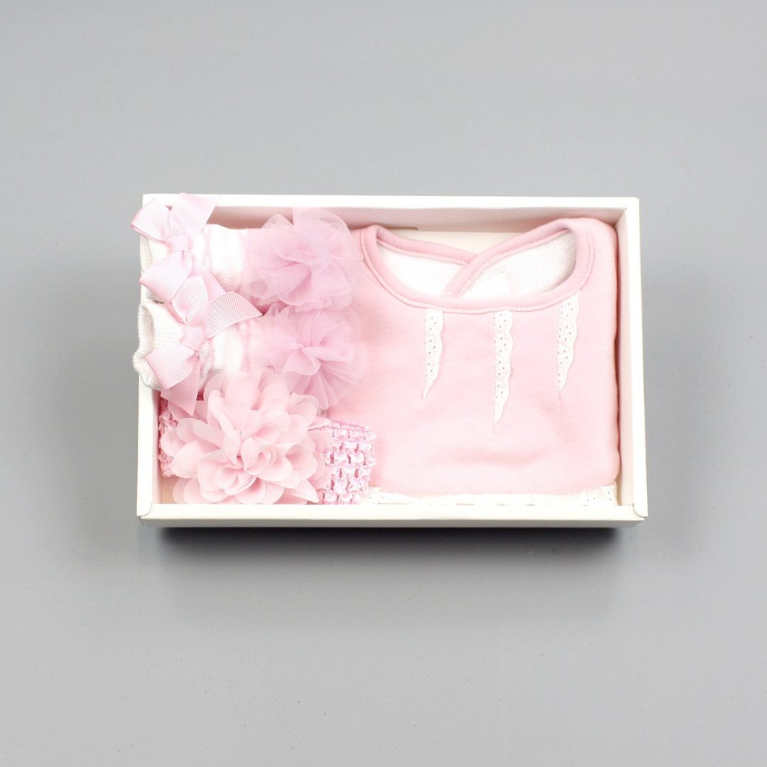 女婴配件礼盒 - 芭蕾女伶(围兜+发带+宝宝袜) 弥月满月周岁生日礼 - 满月礼盒 - 棉 粉红色