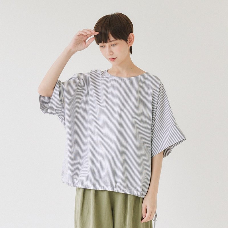 【Simply Yours】条纹抽绳上衣 灰F - 女装上衣 - 棉．麻 灰色