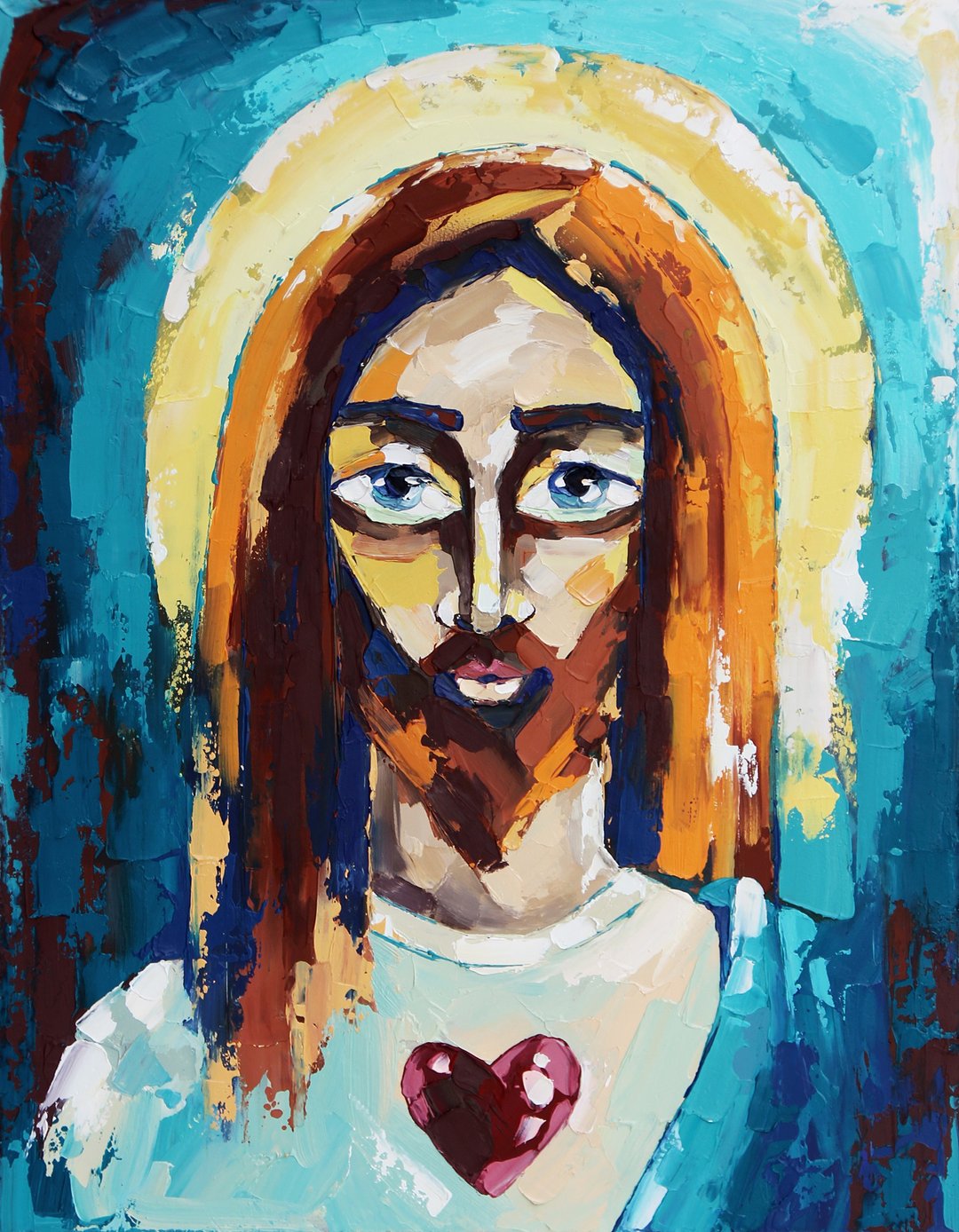 Jesus Painting Catholic Original Art Christian Wall Art Oil 28by36cm - 海报/装饰画/版画 - 其他材质 蓝色