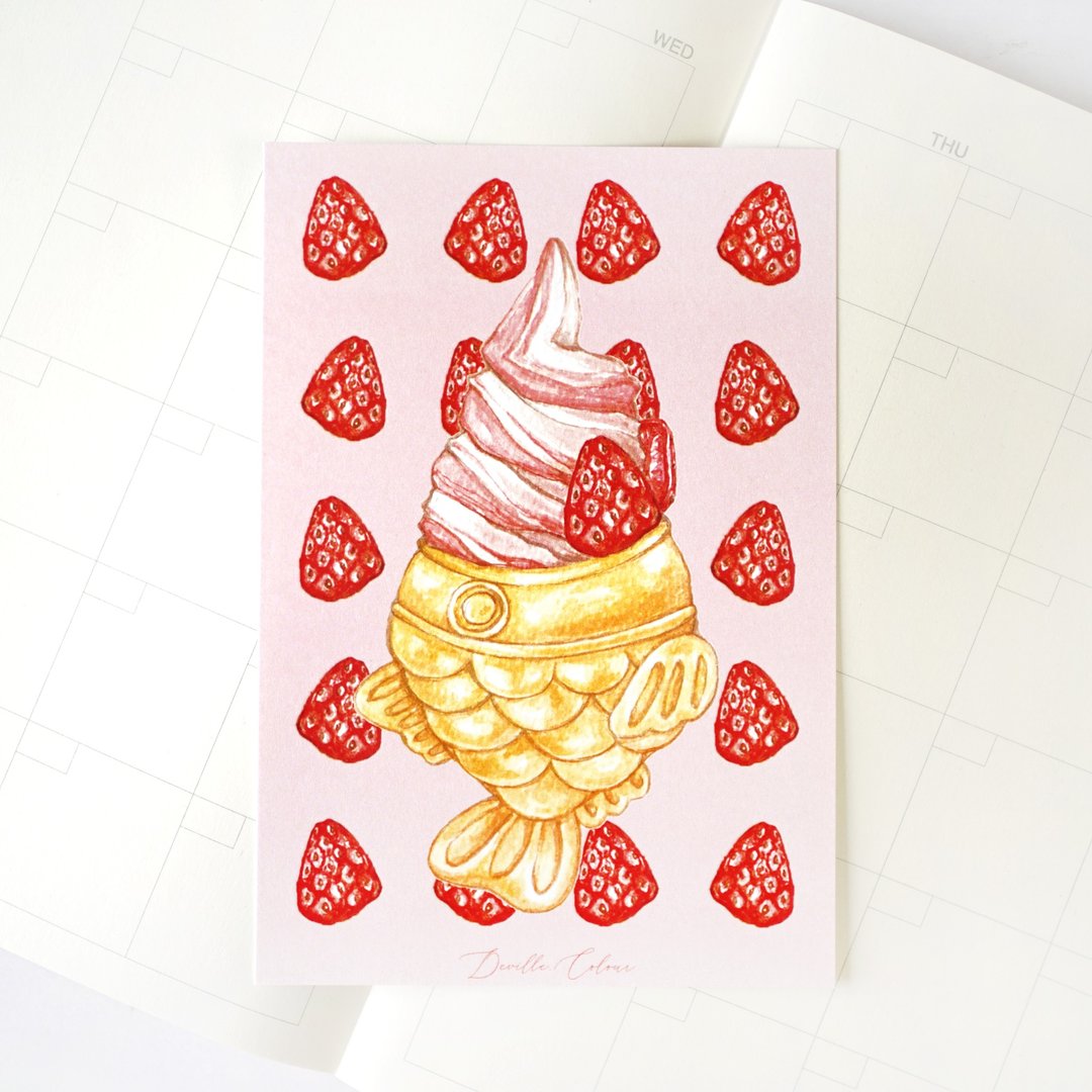 【鲷鱼烧士多啤梨雪糕】水彩插画 明信片 草莓 美食 日本 - 卡片/明信片 - 纸 粉红色