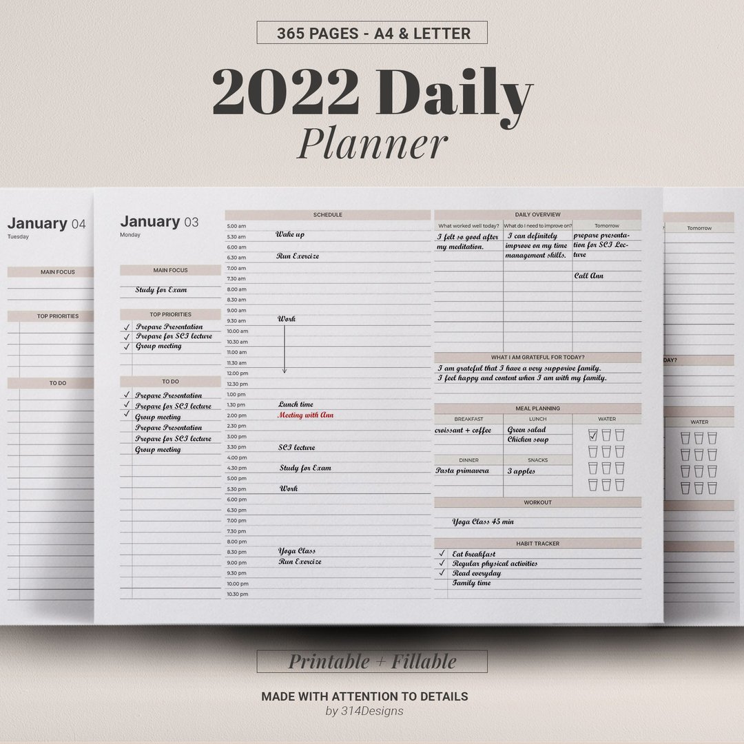 2022 Daily Planner, Printable PDF, Hourly student work schedule, Daily landscape - 电子手帐及素材 - 其他材质 