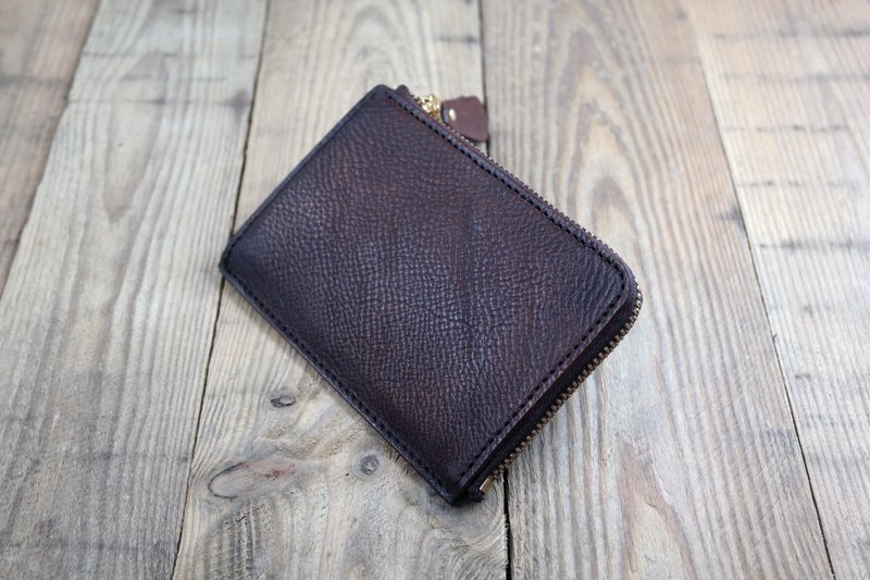 APEE皮手工~L型财布/短钱夹~甩花纹~复古巧克力 - 皮夹/钱包 - 真皮 咖啡色