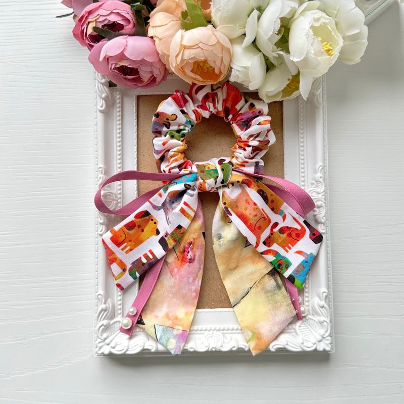 棉布长尾蝴蝶结发圈大肠圈发饰-彩绘狗狗 - 发饰 - 其他材质 多色