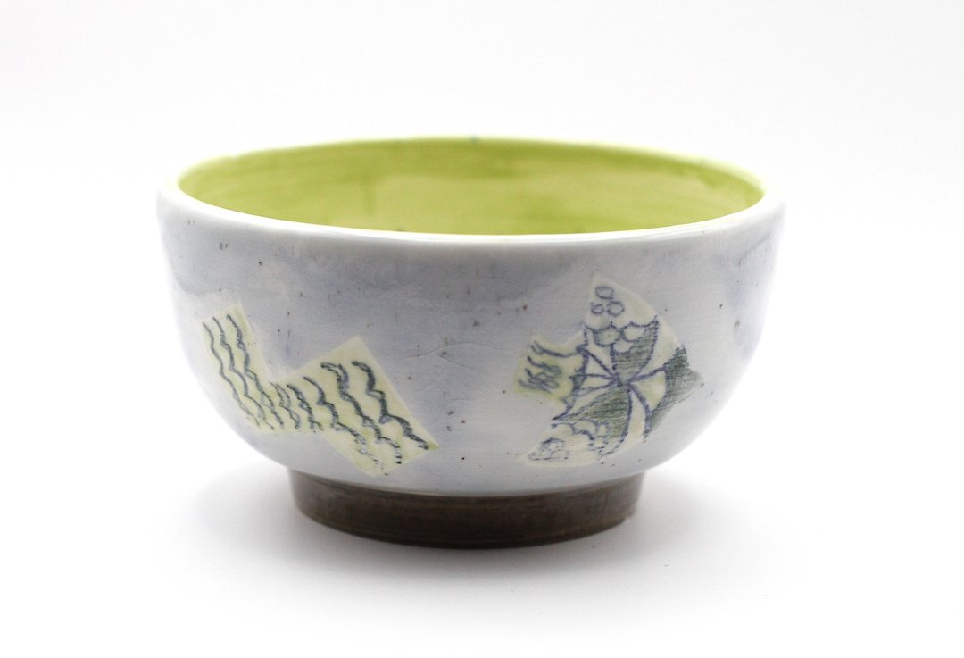 手拉坏手绘可爱图案陶瓷茶碗/抹茶碗/饭碗/苔球座/苔球花器 - 碗 - 陶 蓝色