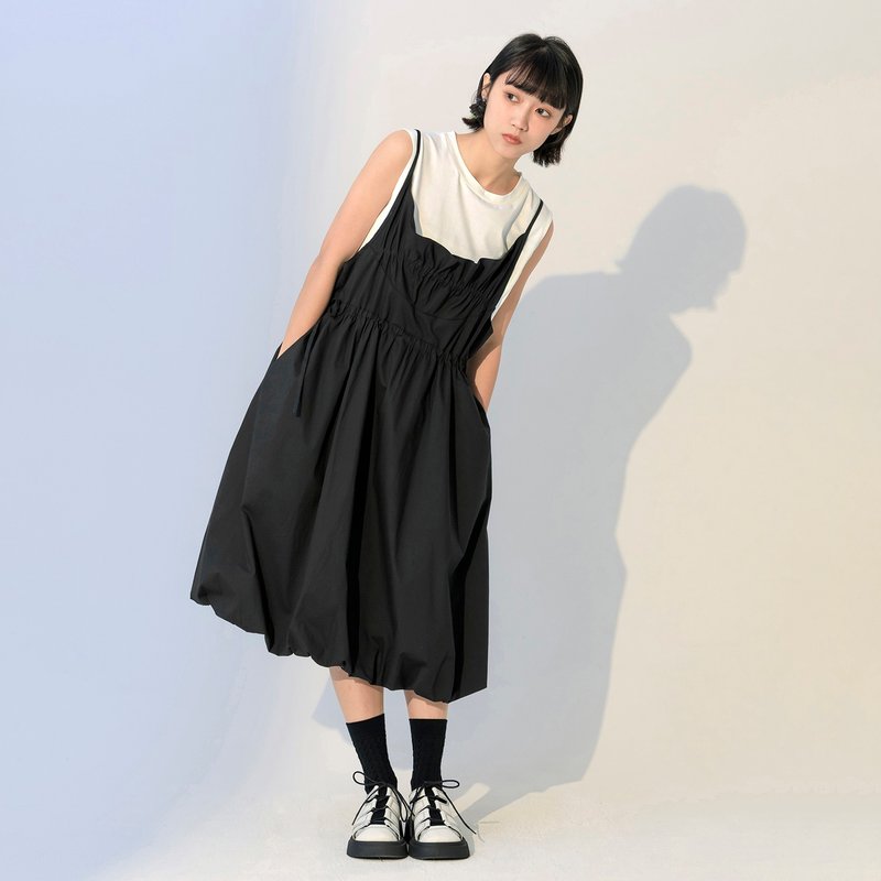 抽绳泡泡摆吊带裙 - 洋装/连衣裙 - 棉．麻 黑色