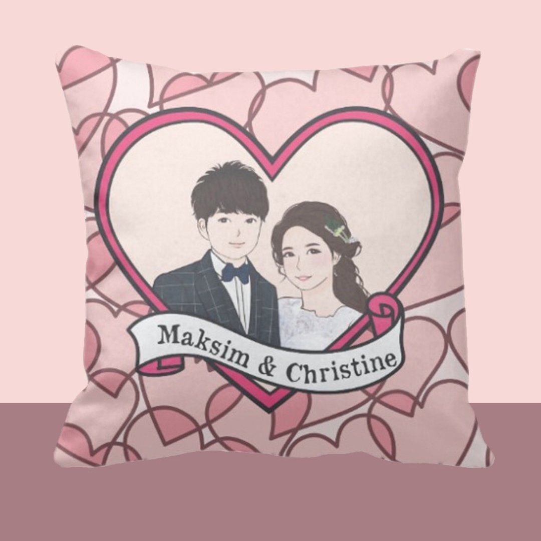 【情侣礼物】【结婚礼物】插画定制抱枕-Pink Heart款式 - 枕头/抱枕 - 聚酯纤维 粉红色