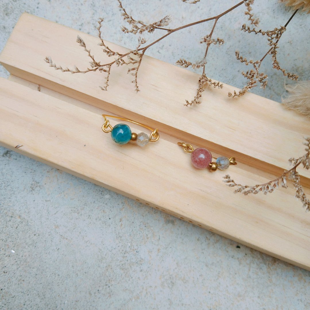 姊妹 戒指II草莓晶 拉长石 手作缠绕铜线 可定制化戒围 - 手链/手环 - 半宝石 粉红色