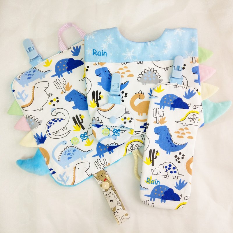 可绣名字。都是恐龙-6款可选。手工订制4件弥月组。可单买 - 满月礼盒 - 棉．麻 蓝色