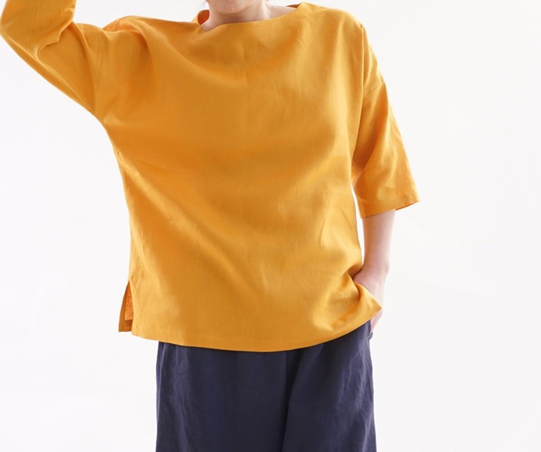 linen / shirt / tunic / crew neck / drop shoulder / yellow / t1-40 - 女装上衣 - 棉．麻 黄色
