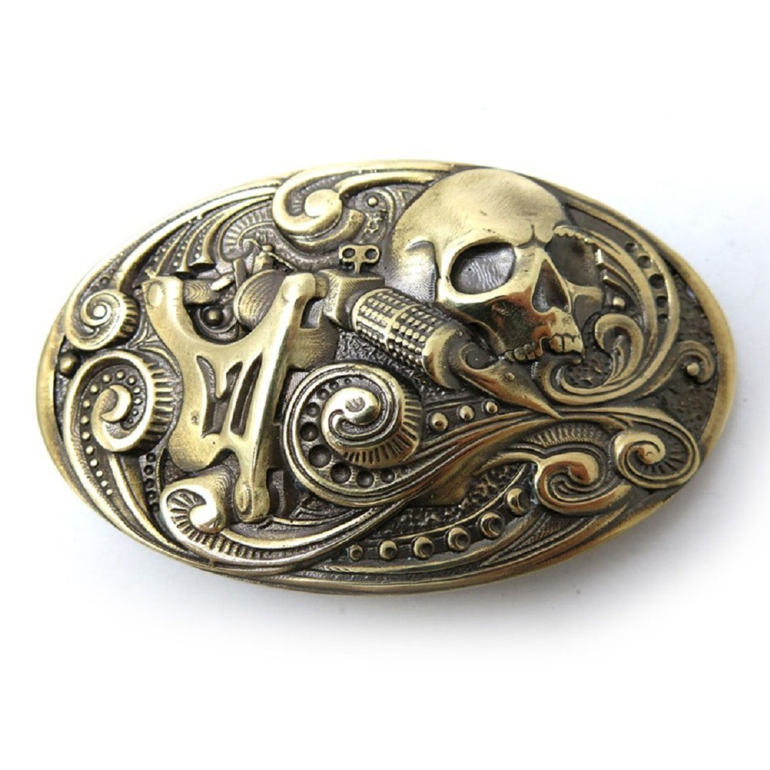 Tattoo machine skull brass belt buckle, Tattooist belt accessory - 皮带/腰带 - 其他材质 金色