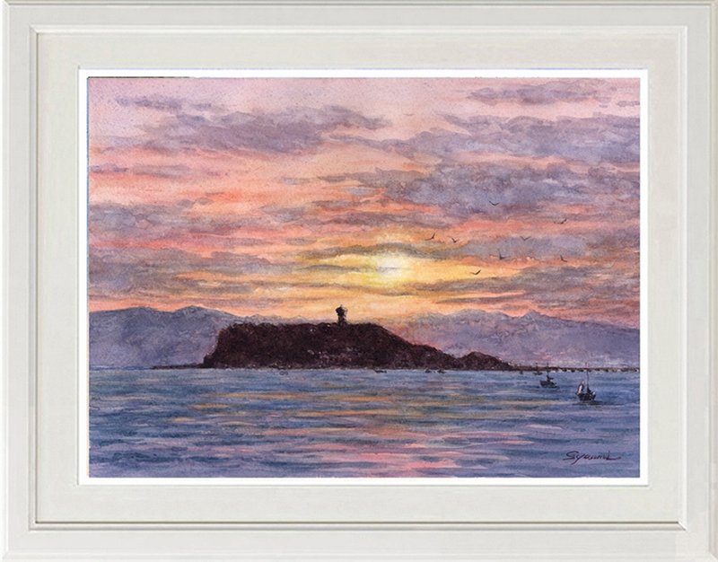 原创水彩湘南日落/江之岛 - 海报/装饰画/版画 - 纸 橘色