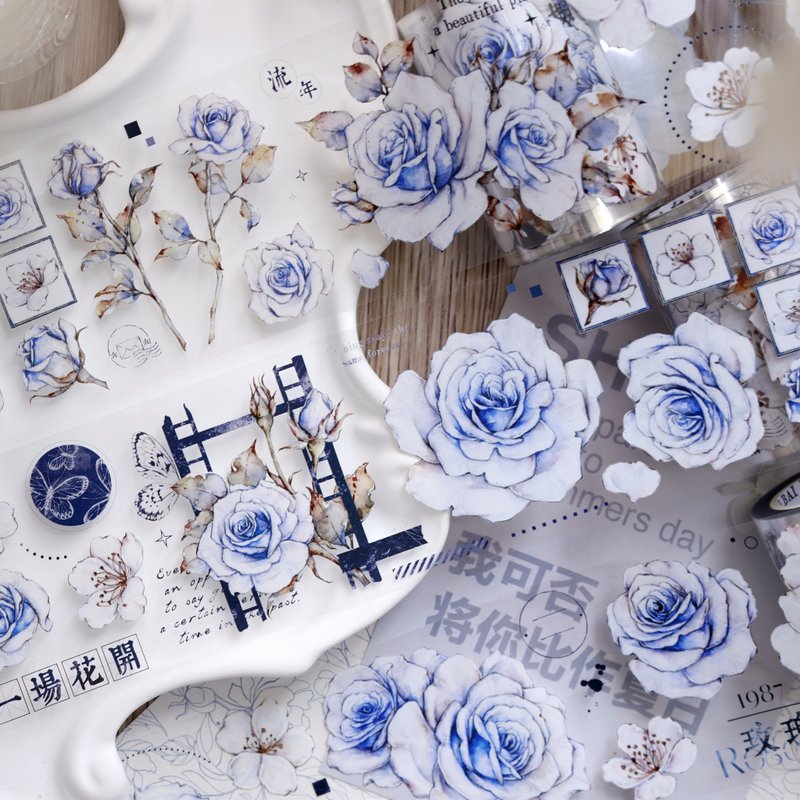 蓝调 复古蓝色蔷薇花 手帐拼贴PET 和纸胶带 - 纸胶带 - 其他材质 多色