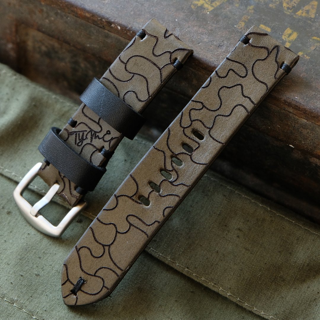 Genuine leather watch strap, black, green, CAMO model, engraved italian leather - 表带 - 真皮 黑色